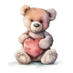 Drawing watercolor paint; a teddy bear or having a heart on a white background. Heart as a symbol of affection and love.