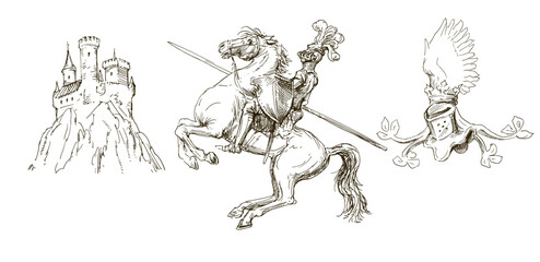 Knight on horseback, hand drawn set. - 728819908