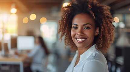 Obraz premium Confident African American Financial Advisor Smiling in Office Setting