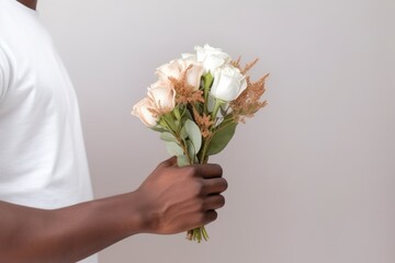 closeup of an African male's hand tenderly holding a bouquet of cream and white roses against a neutral background