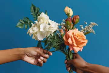 Two hands hold a bouquet of flowers with an orange rose in prominence, against a blue backdrop