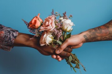 Two hands, one adorned with tattoos, exchange a delicate bouquet of roses and wildflowers in a tender closeup, blue background