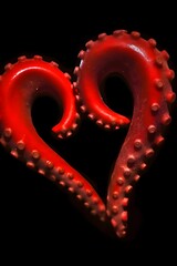 Red heart arranged from two tentacles of an octopus on a black background. Heart as a symbol of affection and love.