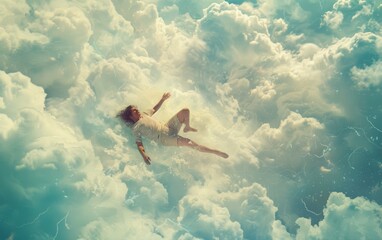 Surreal image of a man floating peacefully in a vibrant, dreamlike cloudy sky.
