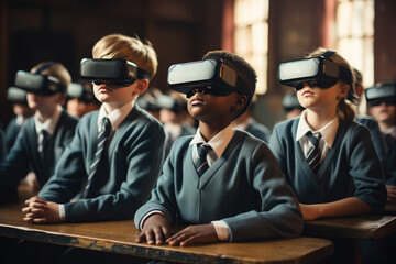 Schoolchildren, students in a classroom wearing virtual reality glasses. The concept of education with new technologies. Virtual reality simulator, wireless technology