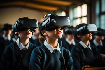 Schoolchildren, students in a classroom wearing virtual reality glasses. The concept of education with new technologies. Virtual reality simulator, wireless technology