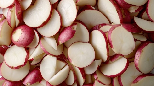  a pile of sliced up radishes sitting on top of a white table next to a pile of cut up radishes on top of another radishes.