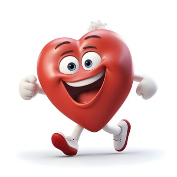 Cheerful red heart with eyes and smile and legs and hands. White background. Heart as a symbol of affection and love.