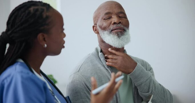 Healthcare, nurse and mature black man with throat pain, advice and exam in hospital. Senior care, emergency and old person with caregiver in consultation for medical assessment, support or help.