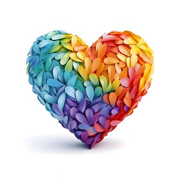 Colorful rainbow heart with white flower petals, isolated background. Heart as a symbol of affection and love.