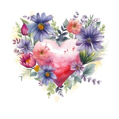 Heart formed from colorful flowers on a white isolated background. Heart as a symbol of affection and love.