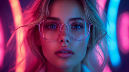 Close-up portrait of young woman posing in red and blue neon light on the night street, hot blonde model wearing white suit