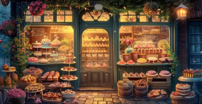 A charming bakery window showcasing an array of delicious pastries and cakes at night.