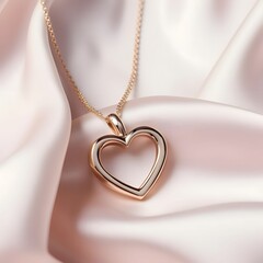 Gold pendant in the shape of a heart on velvet light material. Heart as a symbol of affection and love.