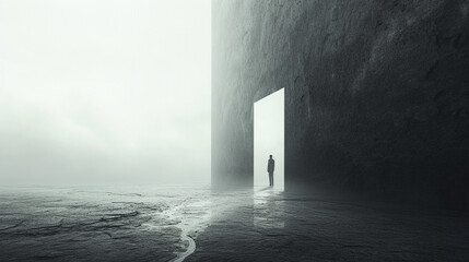 A solitary figure standing in a doorway between two contrasting environments, symbolizing the threshold between reality and the subconscious. - obrazy, fototapety, plakaty