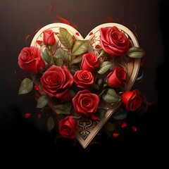 Heart decorated with red roses on a dark background. Heart as a symbol of affection and love.