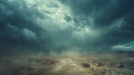 A surreal desert with upside-down rain falling from the sky, challenging the viewer's sense of gravity and reality.