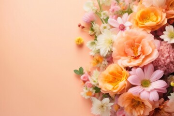 Composition of spring flowers on a peach background with copy space on the right