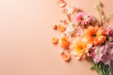 Composition of spring flowers on a peach background with copy space on the right