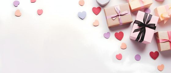 Top view of gifts with pink bows and colorful hearts.Valentine's Day banner with space for your own content. White background color. Blank field for the inscription.