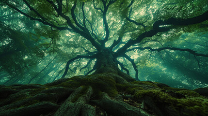 A surreal forest where trees have roots that extend into the sky, blurring the boundaries between above and below in an enchanting display of nature's magic.