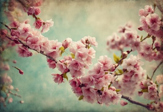 branch of blossoming sakura on vintage peach background
