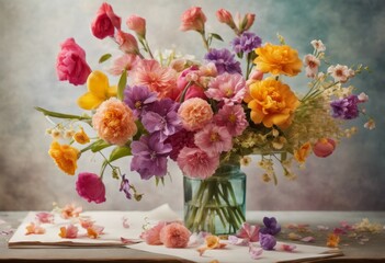 Composition of spring flowers in a vase on a vintage background in pastel colors