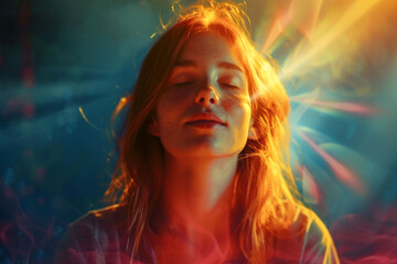 Portrait of a young woman with freckles and closed eyes meditates