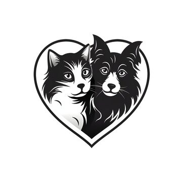 Logo concept black, heart and image of dog and cat white isolated background. Heart as a symbol of affection and love.