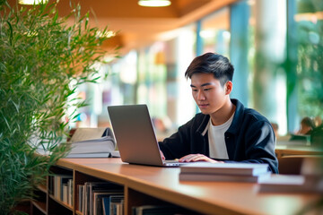 young asian man working on laptop in coworking space