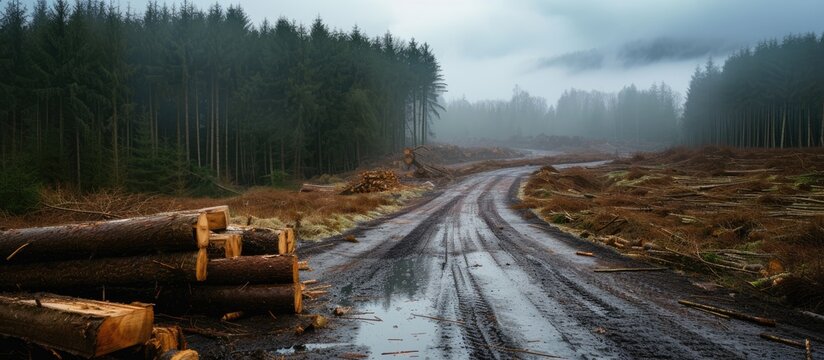 Road used for logging in an area with trees being cut down.