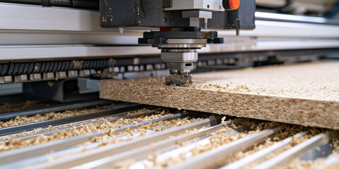 CNC Machine Cutting Chipboard Close-Up. Close-up view of a CNC machine in action, precisely cutting through layers of chipboard, with wood shavings detailing the process.