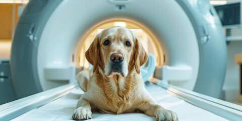 Dog Awaiting MRI Scan in Modern Veterinary Clinic. Puppy sits patiently on the examination table of veterinary clinic with MRI equipment in the background.