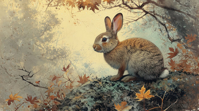  a painting of a rabbit sitting on top of a rock in front of a painting of leaves and branches with chinese characters on the side of the wall behind it.