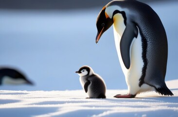 Naklejka premium mother's Day, World Penguin Day, adult penguin and little penguin, mother and child, kingdom of ice and snow, far north, snowy coast, iceberg in the ocean, frosty sunny day