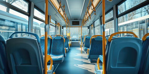 Modern City Bus Interior, nobody. Spacious and empty interior of a modern city bus with comfortable seating and bright lighting, traveling through urban streets.