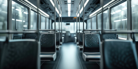 Modern City Bus Interior, nobody. Spacious and empty interior of a modern city bus with comfortable...