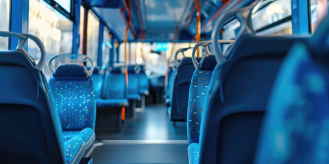 Modern City Bus Interior, nobody. Spacious and empty interior of a modern city bus with comfortable seating and bright lighting, traveling through urban streets.