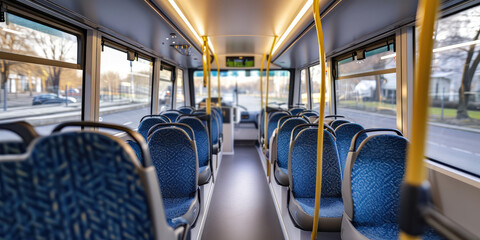 Modern City Bus Interior, nobody. Spacious and empty interior of a modern city bus with comfortable seating and bright lighting, traveling through urban streets.