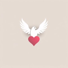 Logo concept white dove holding a red heart in its paws, light background. Heart as a symbol of affection and love.