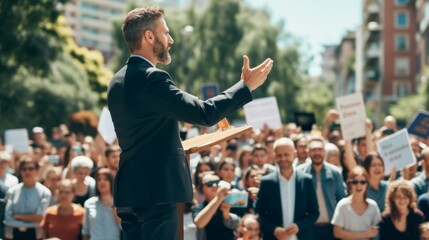 Charismatic Male Politician Addressing the People - obrazy, fototapety, plakaty