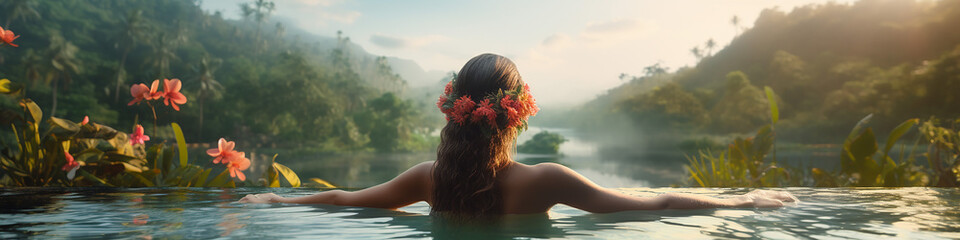 Junge Frau mit Blumen im Haar entspannt sich in einem Schwimmbad. - obrazy, fototapety, plakaty