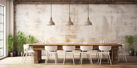 Wooden dining room with white chairs and industrial lighting