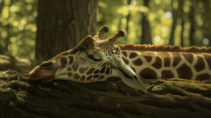  a close up of a giraffe laying on the ground in front of a tree with its head resting on the ground in front of the giraffe.