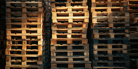 Stacked old Wooden Euro Pallets Close-Up. A detailed close-up of stacked Euro pallets used for cargo and freight, textured wood, banner background.