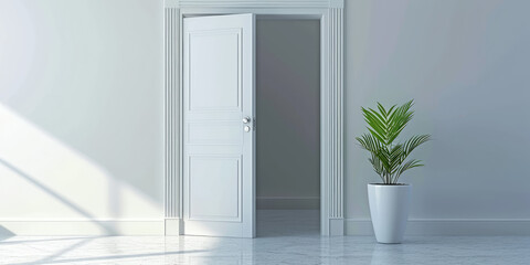 Fototapeta premium Sunlit Open Door in Elegant Interior. Open doorway inviting with natural light casting shadows on a classic herringbone floor in a serene room, copy space, minimal style concept.