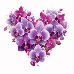 Heart with pink orchids white isolated background. Heart as a symbol of affection and love.