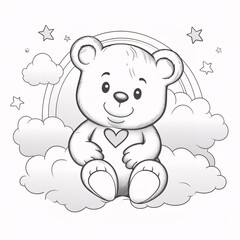 Black and White coloring page teddy bear with a heart on the clouds around the stars rainbow. Heart as a symbol of affection and love.