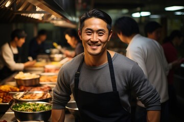Leadership in the Kitchen: With Authority and Skill, the Asian Chef Stands Before His Team, Directing Them Towards Culinary Brilliance