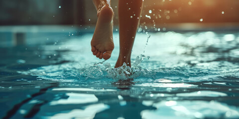 Underwater closeup view of female Feet. Legs of a synchronized swimmer woman against the serene backdrop of a swimming pool.